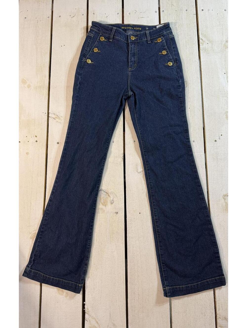 Michael Kors Dark Blue Denim Flared Jeans with Gold Buttons